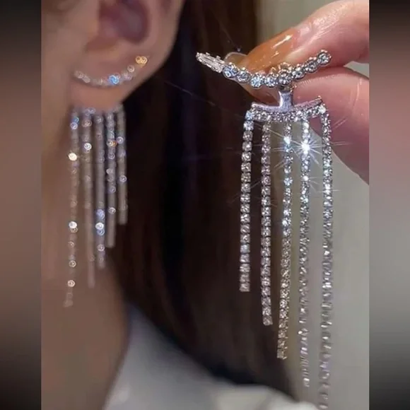 Silver Rhinestone Elegant Tassel Drop Earrings For Wedding Party Gift Women - Picture 5 of 5